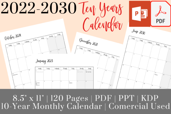 Download 10 Years Calendar, 2022-2030 Monthly KDP - 10 years Collection